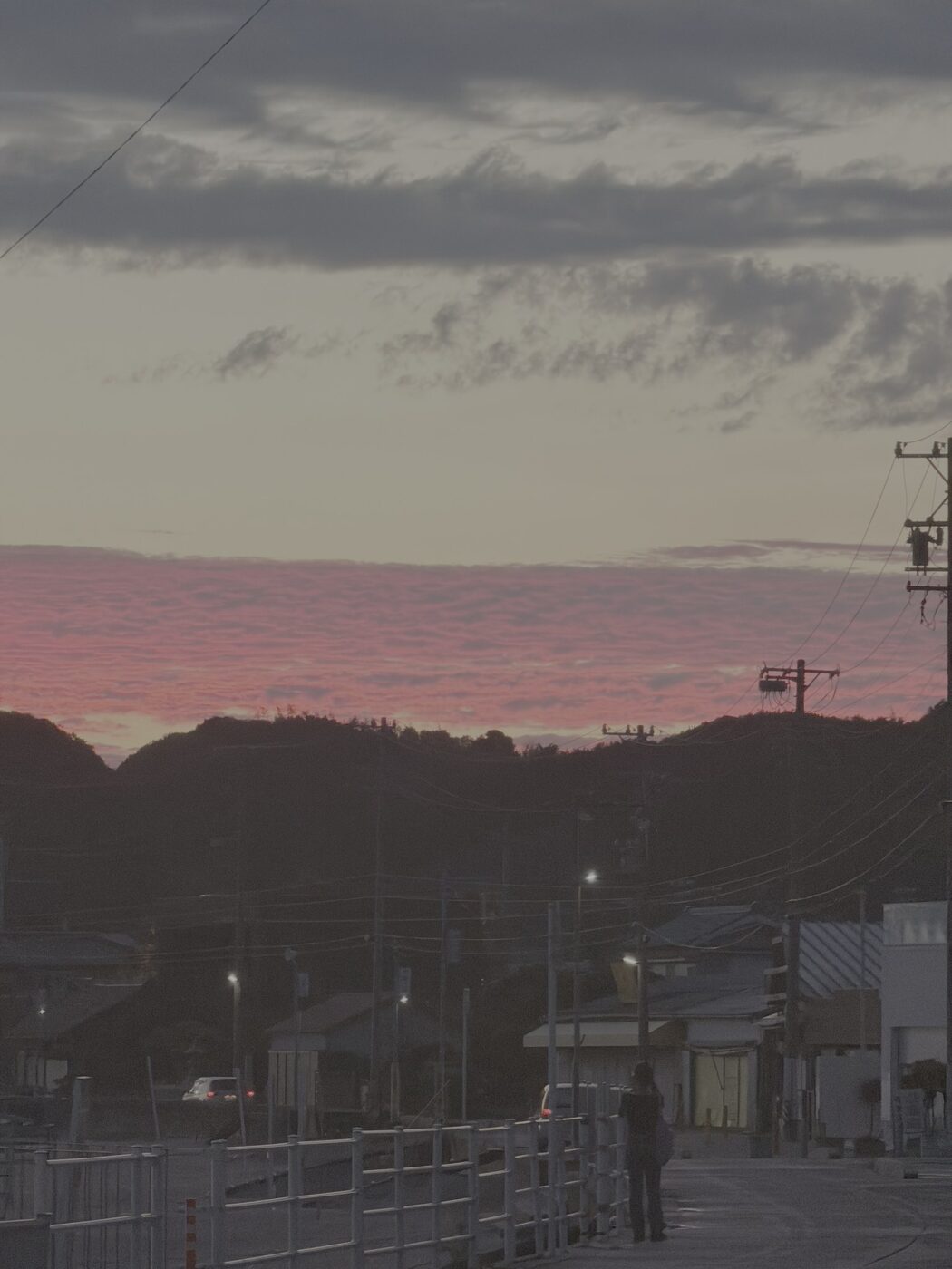 家並みの向こうに広がるピンク色の夕空